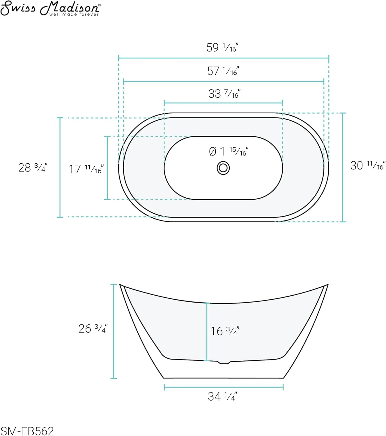 Ivy 60" Double Slipper Freestanding Bathtub