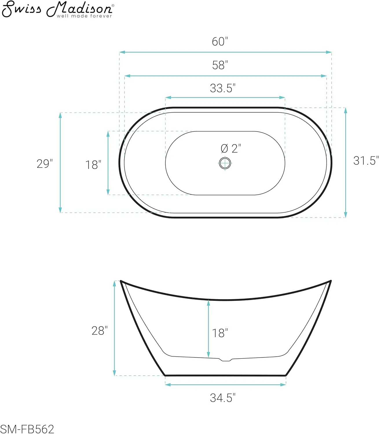 Ivy 60" Double Slipper Freestanding Bathtub