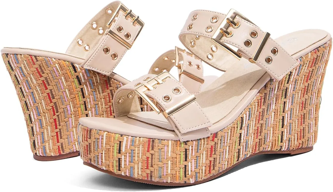 Jeesay Women's Slides Wedge Sandals with Buckle Strap Slip On Peep Toe Platform Sandals High Heels Shoes