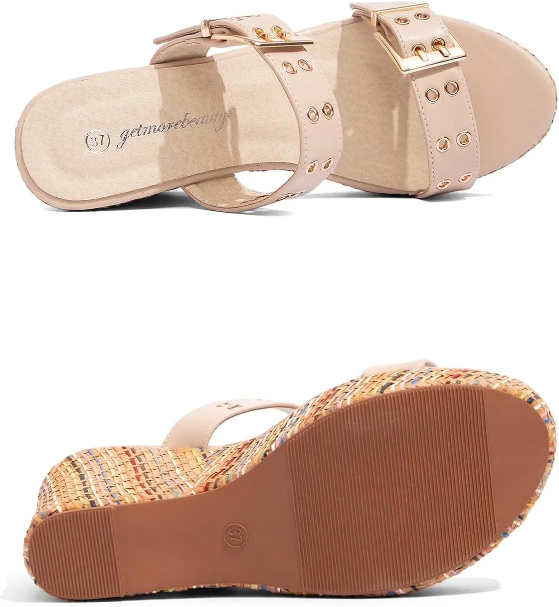 Jeesay Women's Slides Wedge Sandals with Buckle Strap Slip On Peep Toe Platform Sandals High Heels Shoes