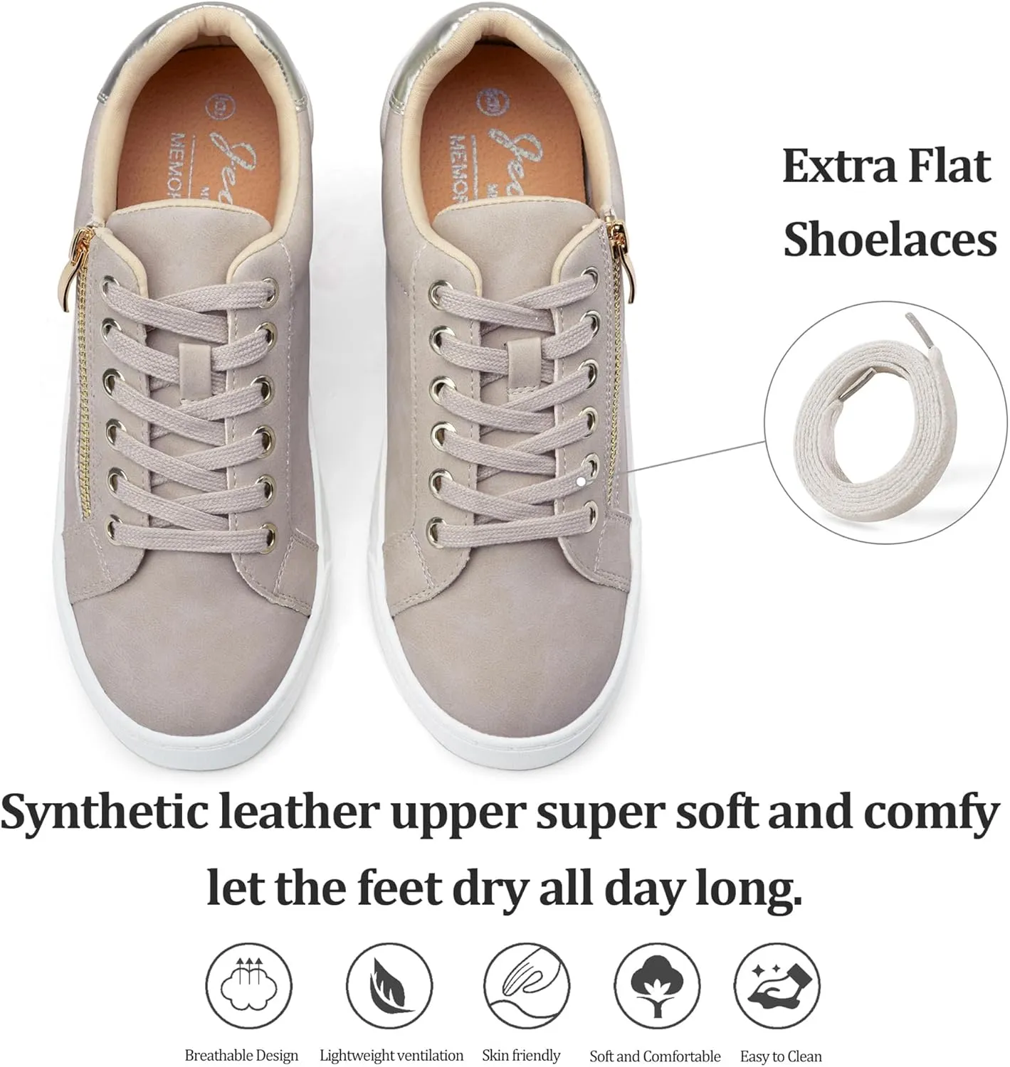 Jeossy Women's Flat Low Top Casual Fashion Sneakers Round Toe Shoes with Zipper