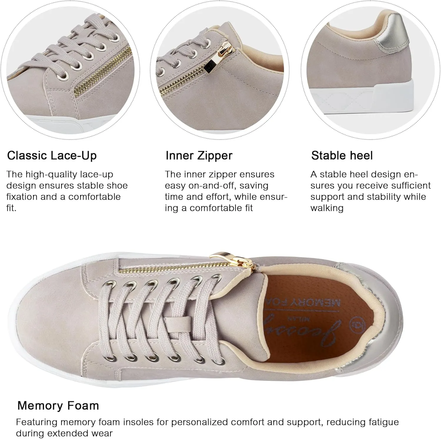 Jeossy Women's Flat Low Top Casual Fashion Sneakers Round Toe Shoes with Zipper