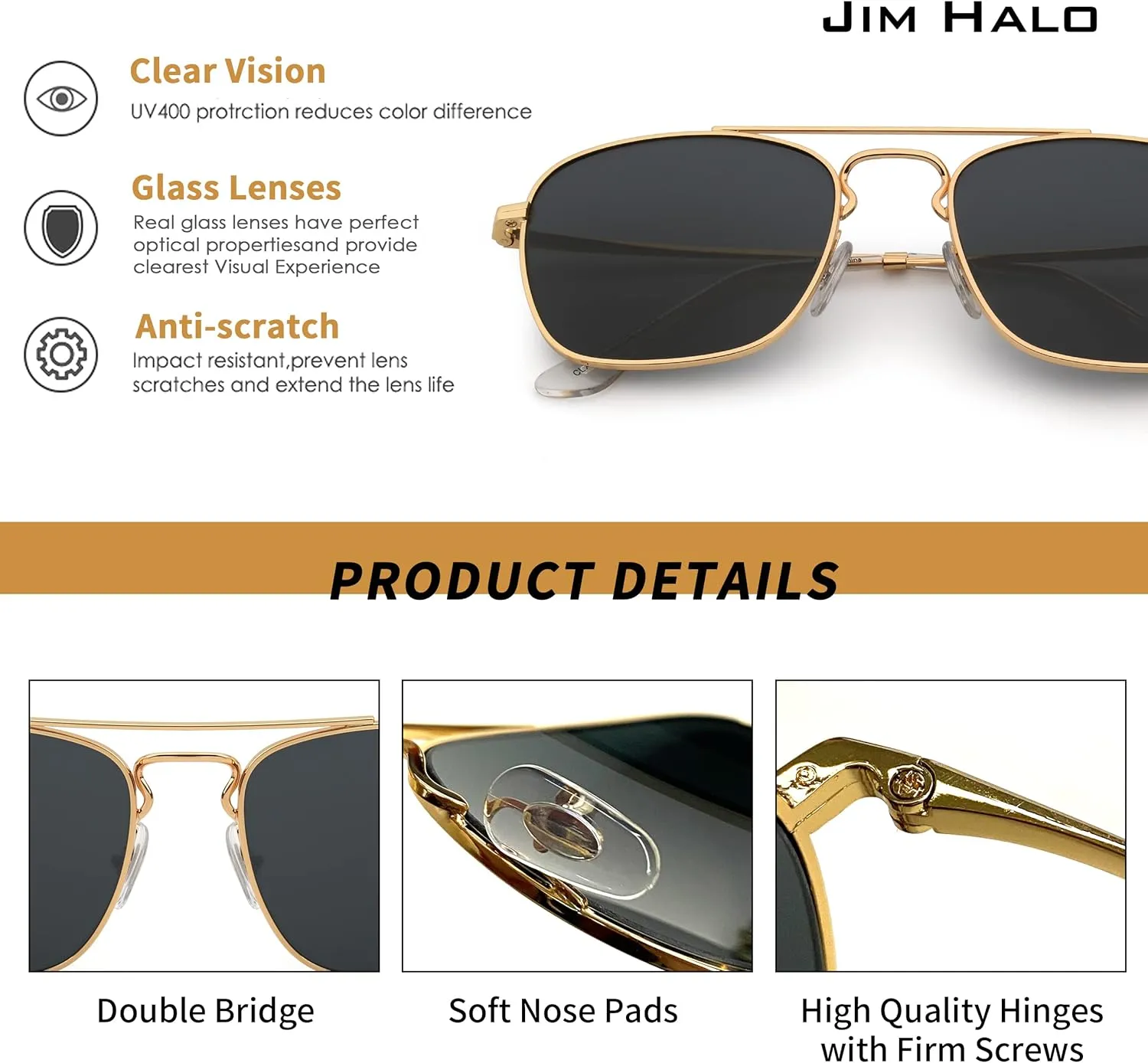 JIM HALO Retro Square Aviator Sunglasses Premium Glass Lens Flat Metal Eyewear Men Women