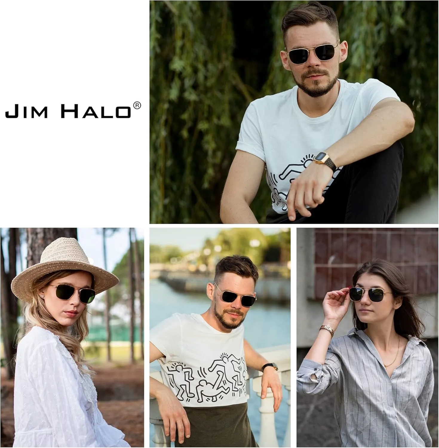 JIM HALO Retro Square Aviator Sunglasses Premium Glass Lens Flat Metal Eyewear Men Women