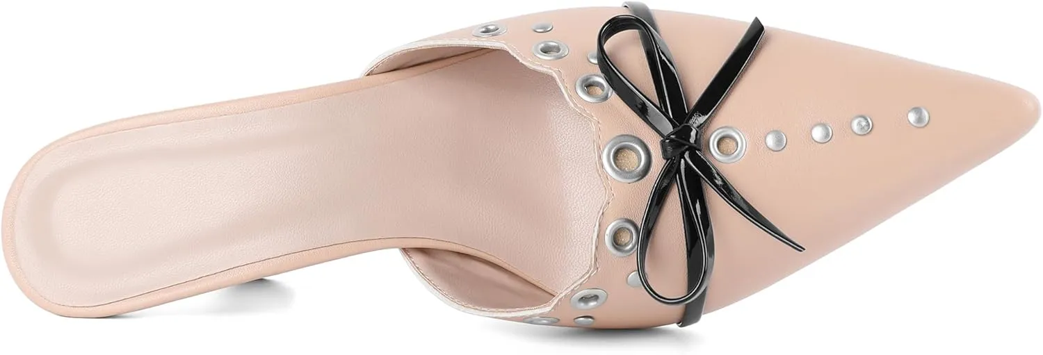 Joseywade Mule Heels For Women Bow Tie Kitten Heels Rhinestone Pointed Toe Studded Slip on Shoes US Size 5-13