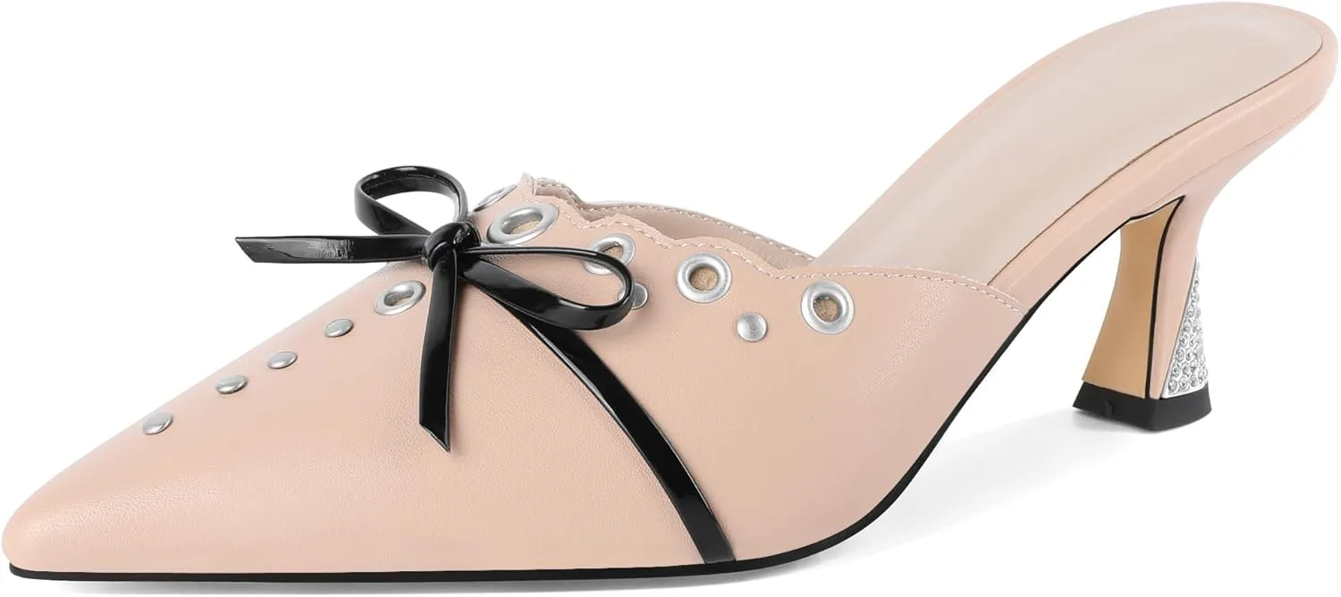 Joseywade Mule Heels For Women Bow Tie Kitten Heels Rhinestone Pointed Toe Studded Slip on Shoes US Size 5-13