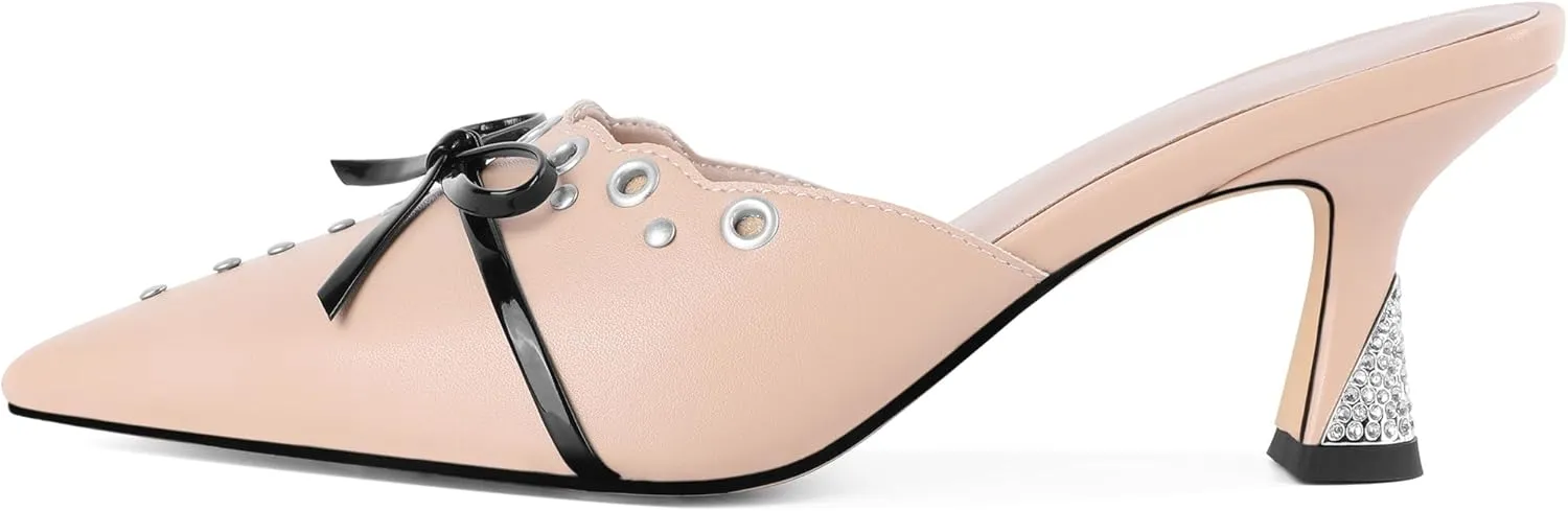 Joseywade Mule Heels For Women Bow Tie Kitten Heels Rhinestone Pointed Toe Studded Slip on Shoes US Size 5-13
