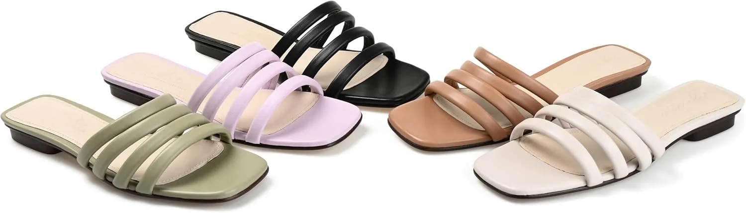 Journee Collection Signature Womens Genuine Leather Cendi Slip On Puff Strap Sandals Padded Slide Flat Open Square Toe