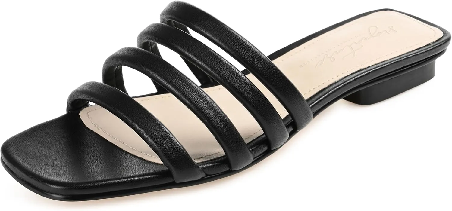 Journee Collection Signature Womens Genuine Leather Cendi Slip On Puff Strap Sandals Padded Slide Flat Open Square Toe