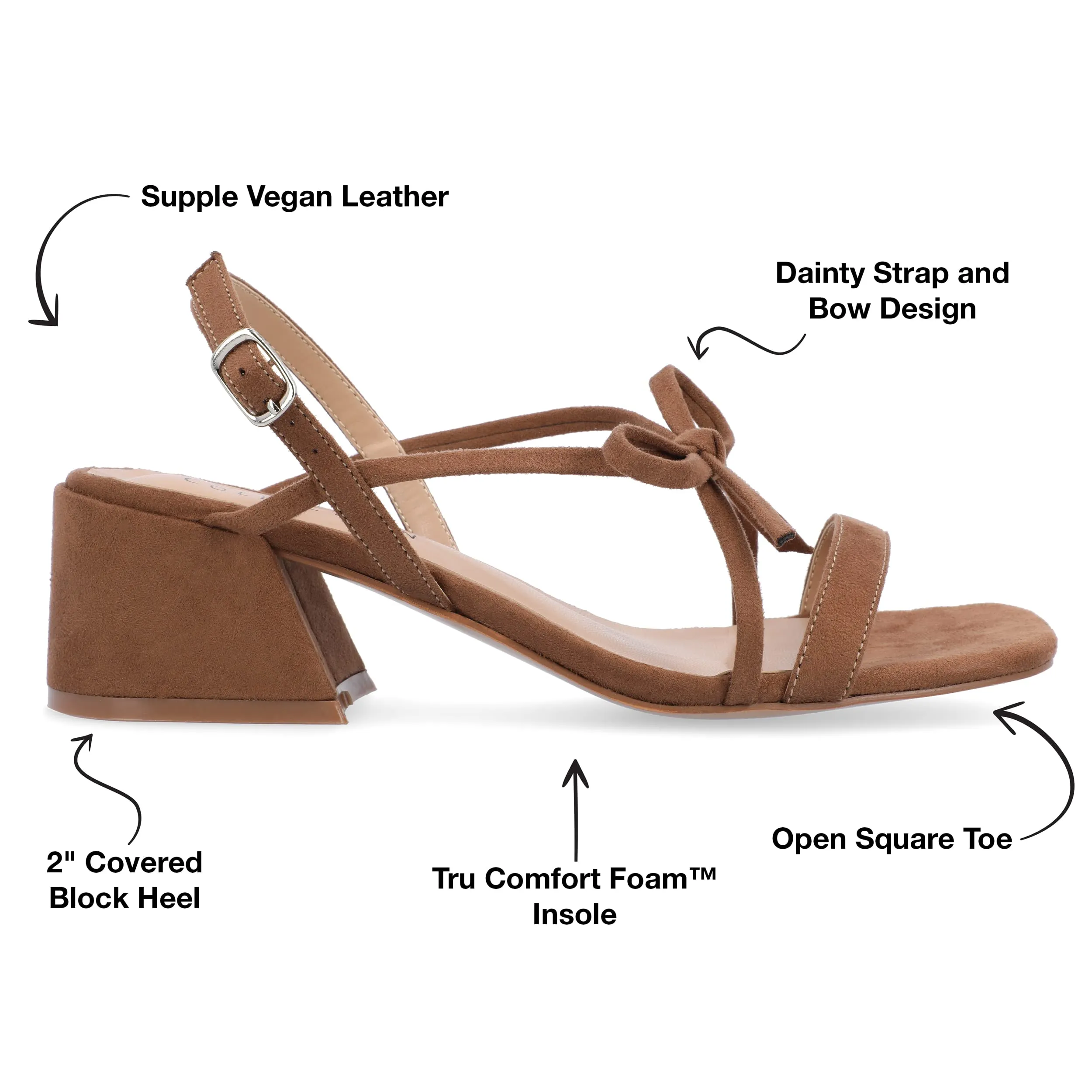 Journee Collection Women's Amity Suede Sandal with Bow Open Square Toe Buckle Ankle Strap Covered Block Heel Shoe