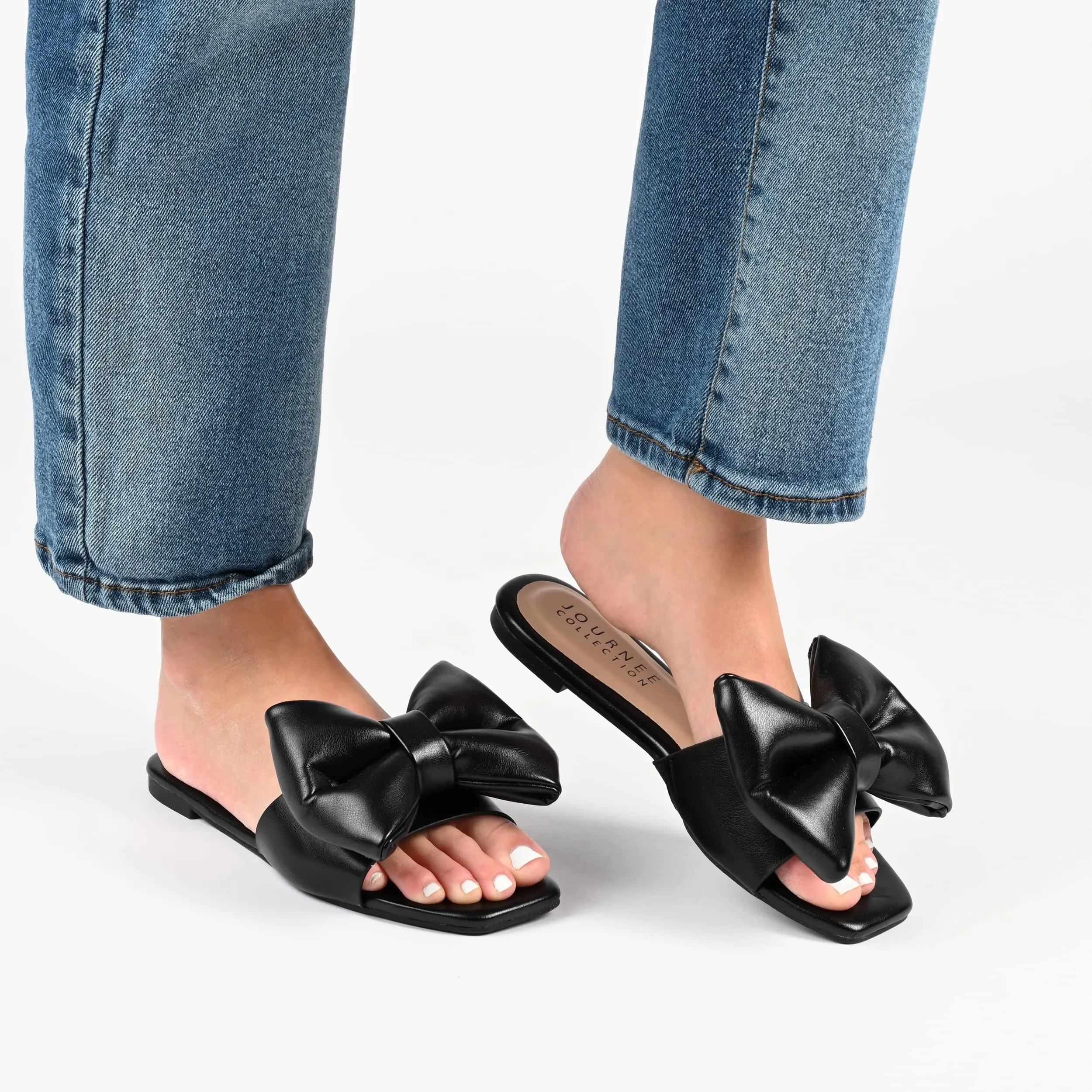 Journee Collection Womens Bow Knot Flat Open Square Toe Dressy Sandal Fayre Tru Comfort Slip On Slide Shoes Sand - 8.5