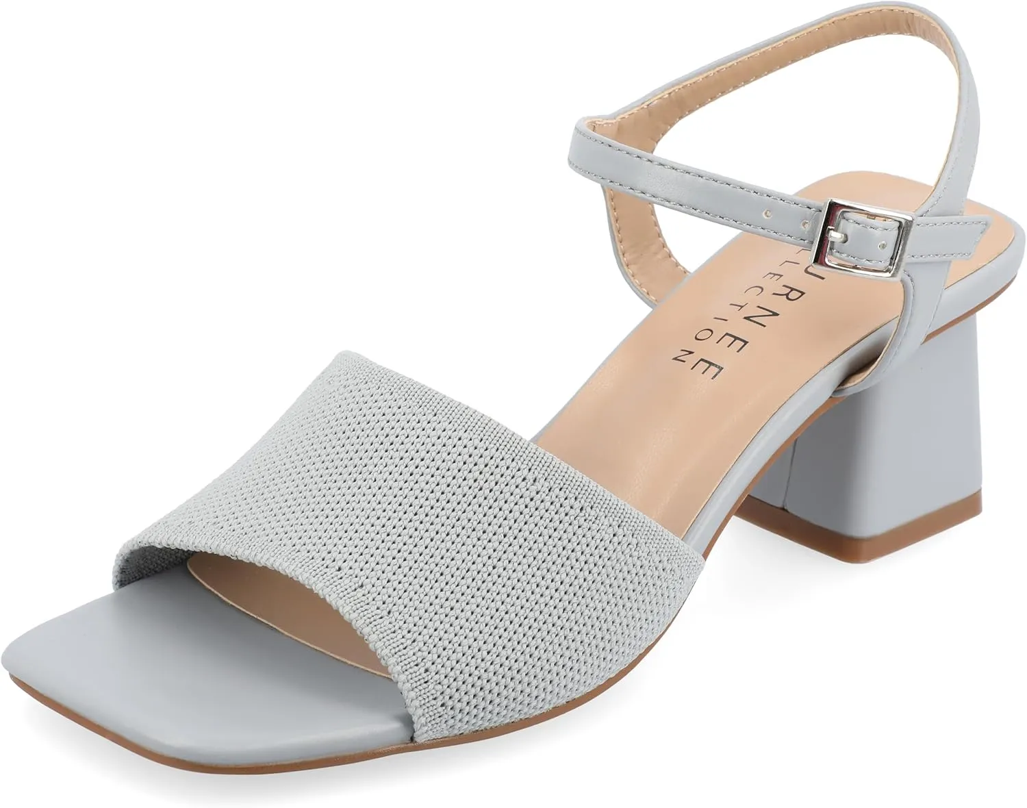 Journee Womens Knit Buckle Ankle Strap Covered Block Heel Open Square Toe Evylinn Comfort Foam Sandals