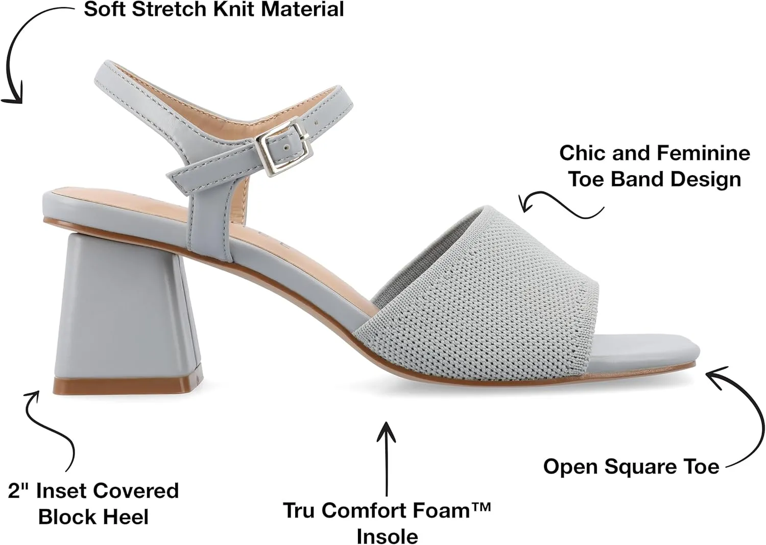 Journee Womens Knit Buckle Ankle Strap Covered Block Heel Open Square Toe Evylinn Comfort Foam Sandals