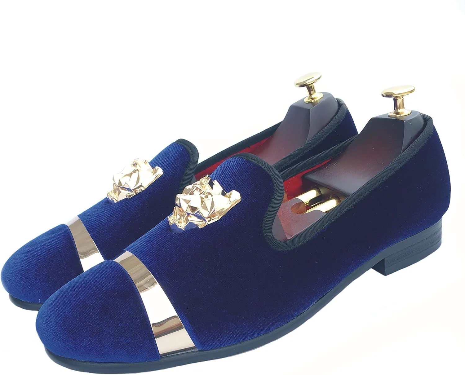 Justar Men's Velvet Loafers Slip-on Dress Shoes with Gold Buckle Penny Loafer Red Slippers Flats