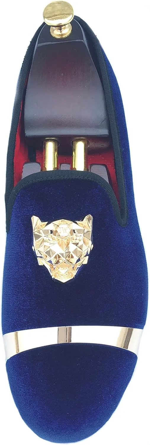 Justar Men's Velvet Loafers Slip-on Dress Shoes with Gold Buckle Penny Loafer Red Slippers Flats