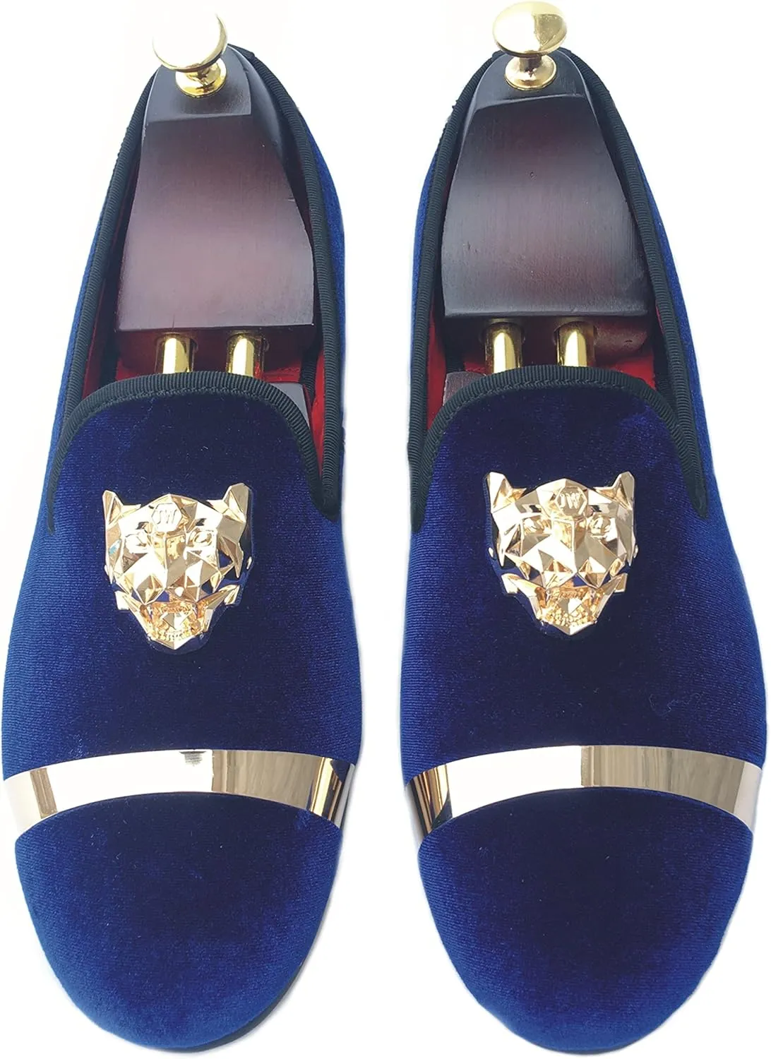 Justar Men's Velvet Loafers Slip-on Dress Shoes with Gold Buckle Penny Loafer Red Slippers Flats