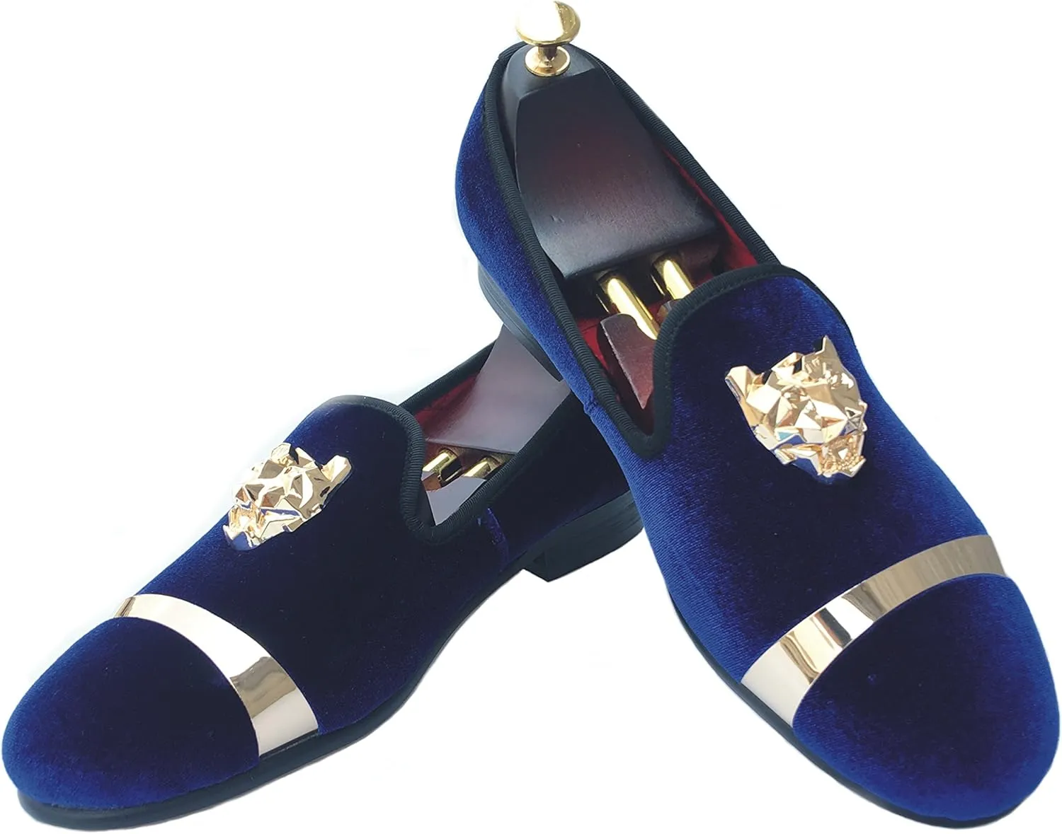 Justar Men's Velvet Loafers Slip-on Dress Shoes with Gold Buckle Penny Loafer Red Slippers Flats