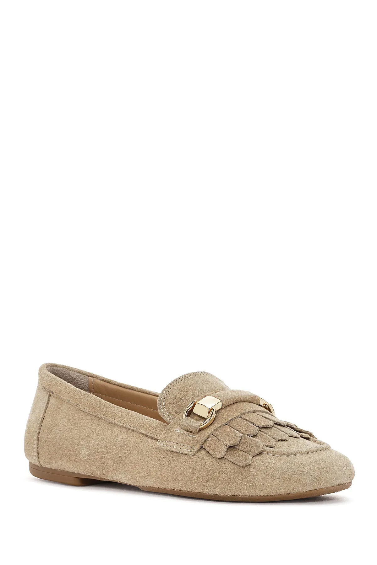 Kadın Bej Püsküllü Süet Deri Maskülen Loafer