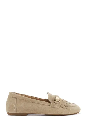 Kadın Bej Püsküllü Süet Deri Maskülen Loafer