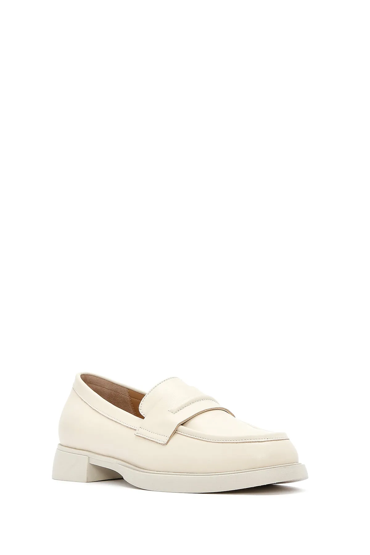Kadın Krem Deri Maskülen Loafer