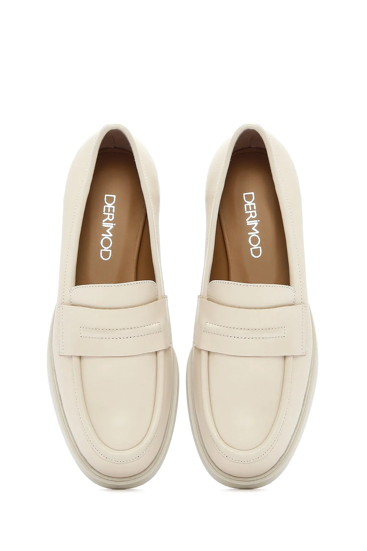 Kadın Krem Deri Maskülen Loafer