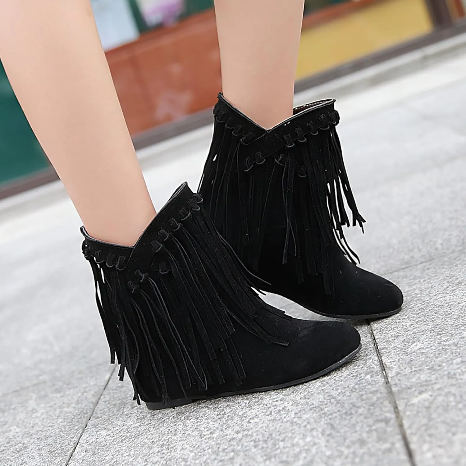 KiutSymo Womens Ankle Fringe Boots Round Toe Wide Calf Flat Tassel Boots Casual Hidden Wedge Heels Ankle Boots for Winter