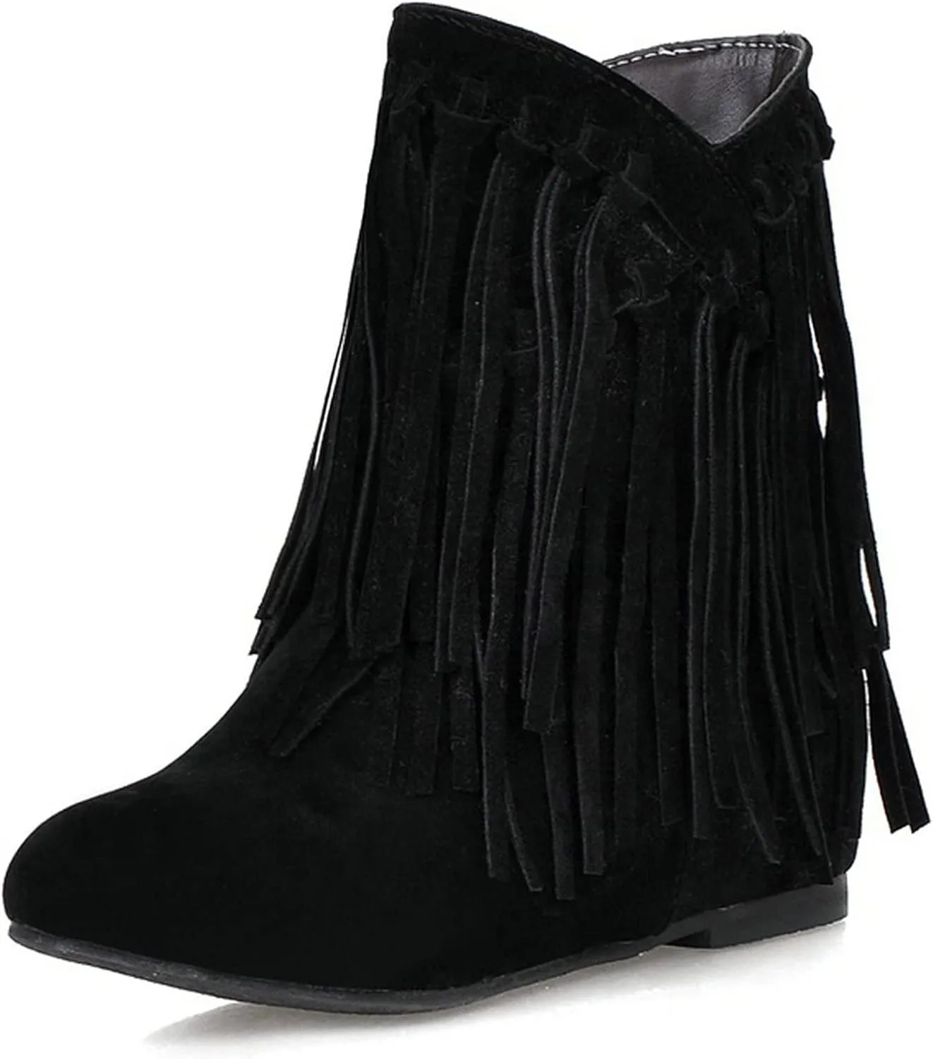 KiutSymo Womens Ankle Fringe Boots Round Toe Wide Calf Flat Tassel Boots Casual Hidden Wedge Heels Ankle Boots for Winter