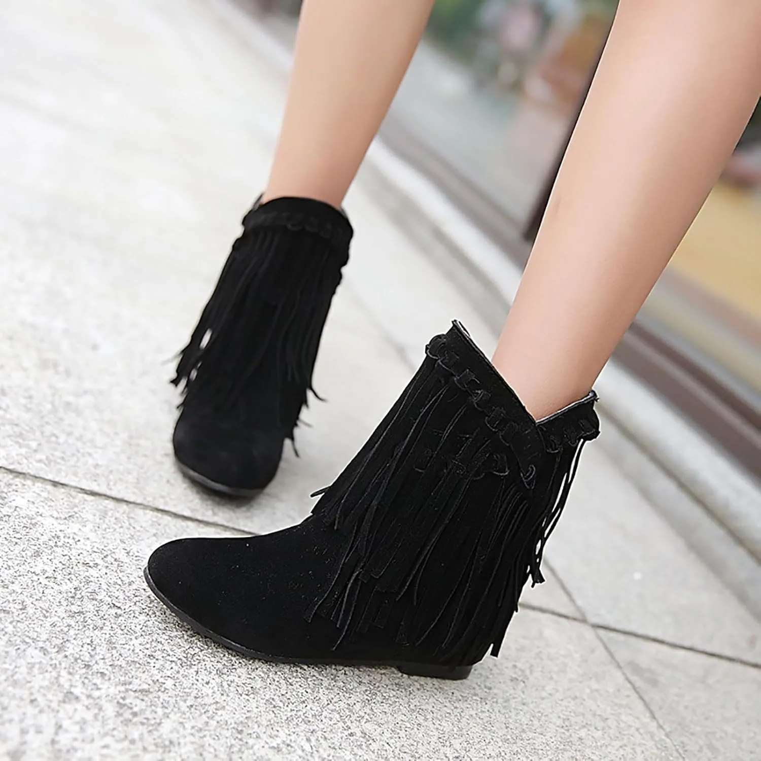 KiutSymo Womens Ankle Fringe Boots Round Toe Wide Calf Flat Tassel Boots Casual Hidden Wedge Heels Ankle Boots for Winter