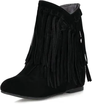 KiutSymo Womens Ankle Fringe Boots Round Toe Wide Calf Flat Tassel Boots Casual Hidden Wedge Heels Ankle Boots for Winter