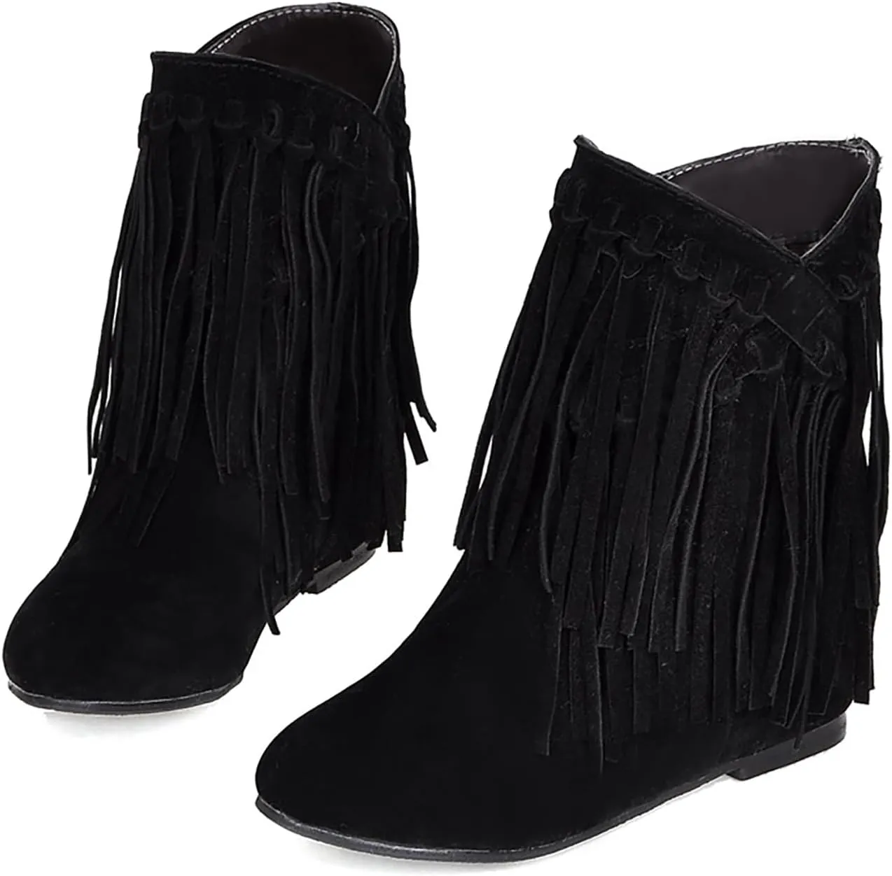 KiutSymo Womens Ankle Fringe Boots Round Toe Wide Calf Flat Tassel Boots Casual Hidden Wedge Heels Ankle Boots for Winter