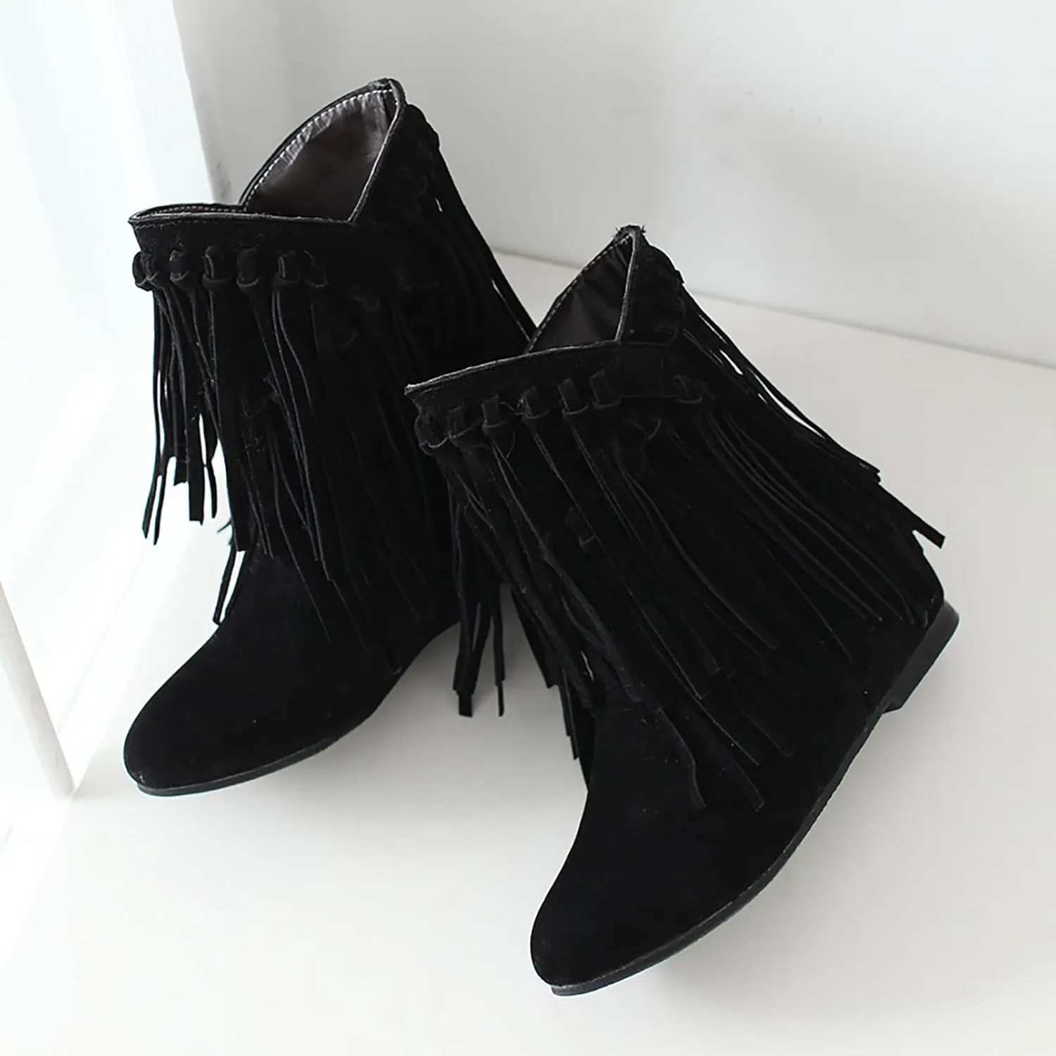 KiutSymo Womens Ankle Fringe Boots Round Toe Wide Calf Flat Tassel Boots Casual Hidden Wedge Heels Ankle Boots for Winter