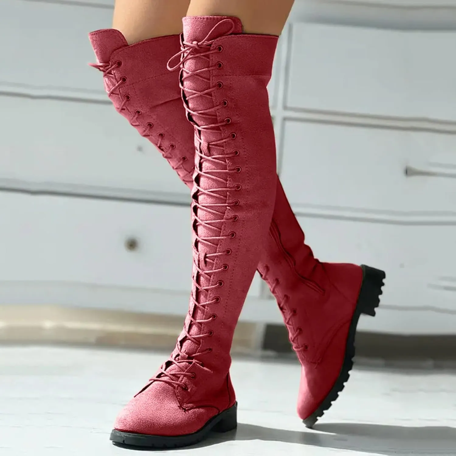 Knee Boots for Women Lace Up Over The Knee Boots Round Toe Low Heel Side Zipper Boots Fashion Thigh High Boots