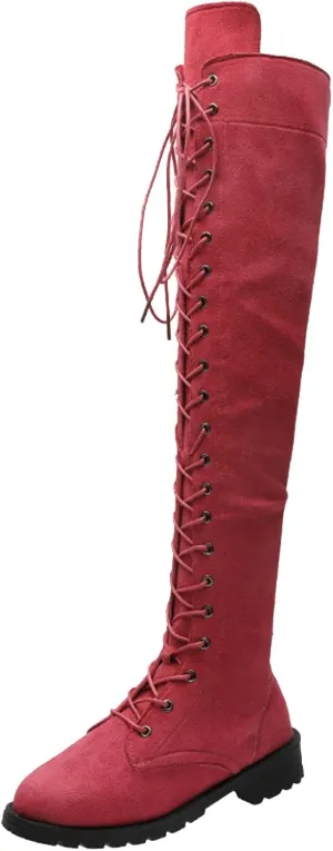 Knee Boots for Women Lace Up Over The Knee Boots Round Toe Low Heel Side Zipper Boots Fashion Thigh High Boots