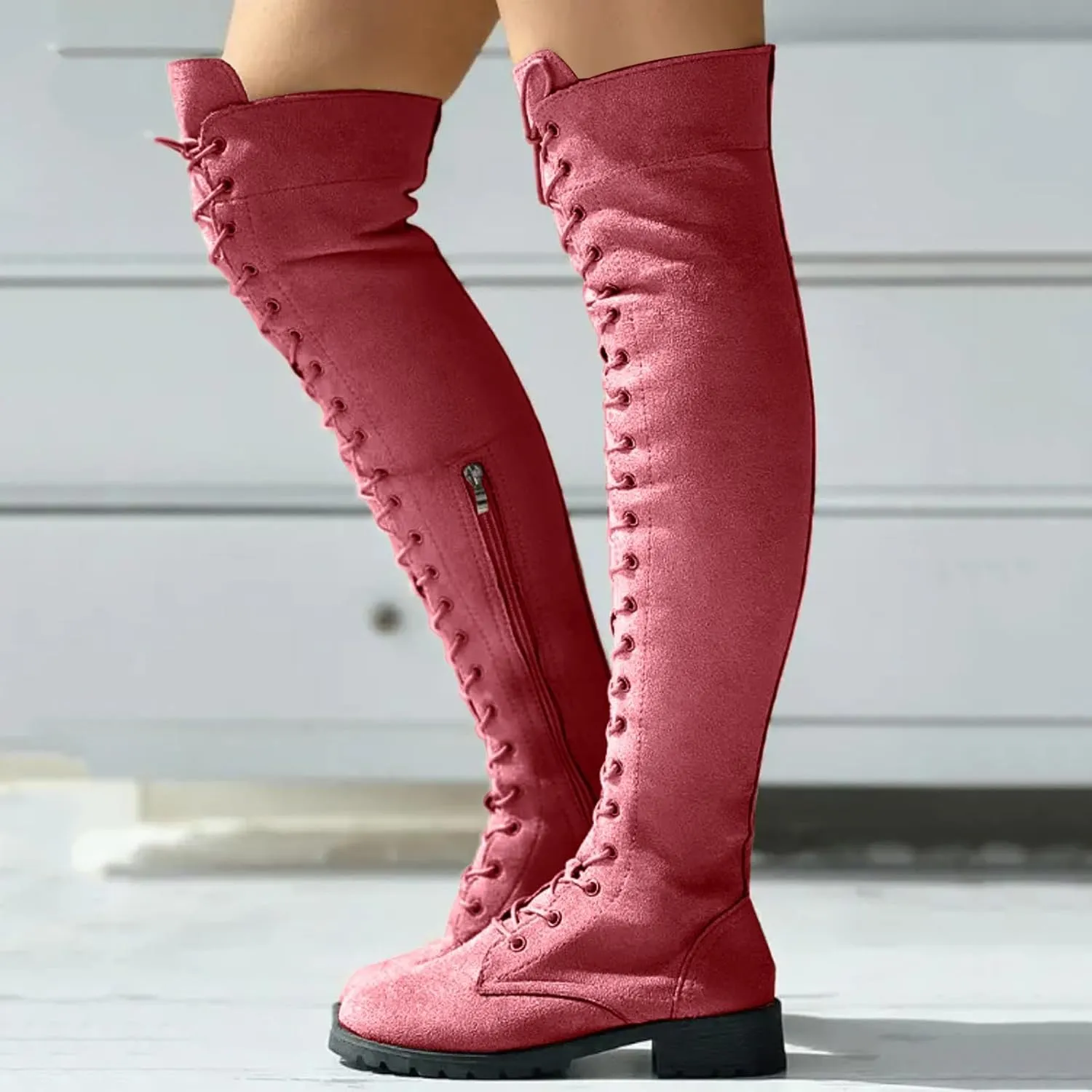 Knee Boots for Women Lace Up Over The Knee Boots Round Toe Low Heel Side Zipper Boots Fashion Thigh High Boots