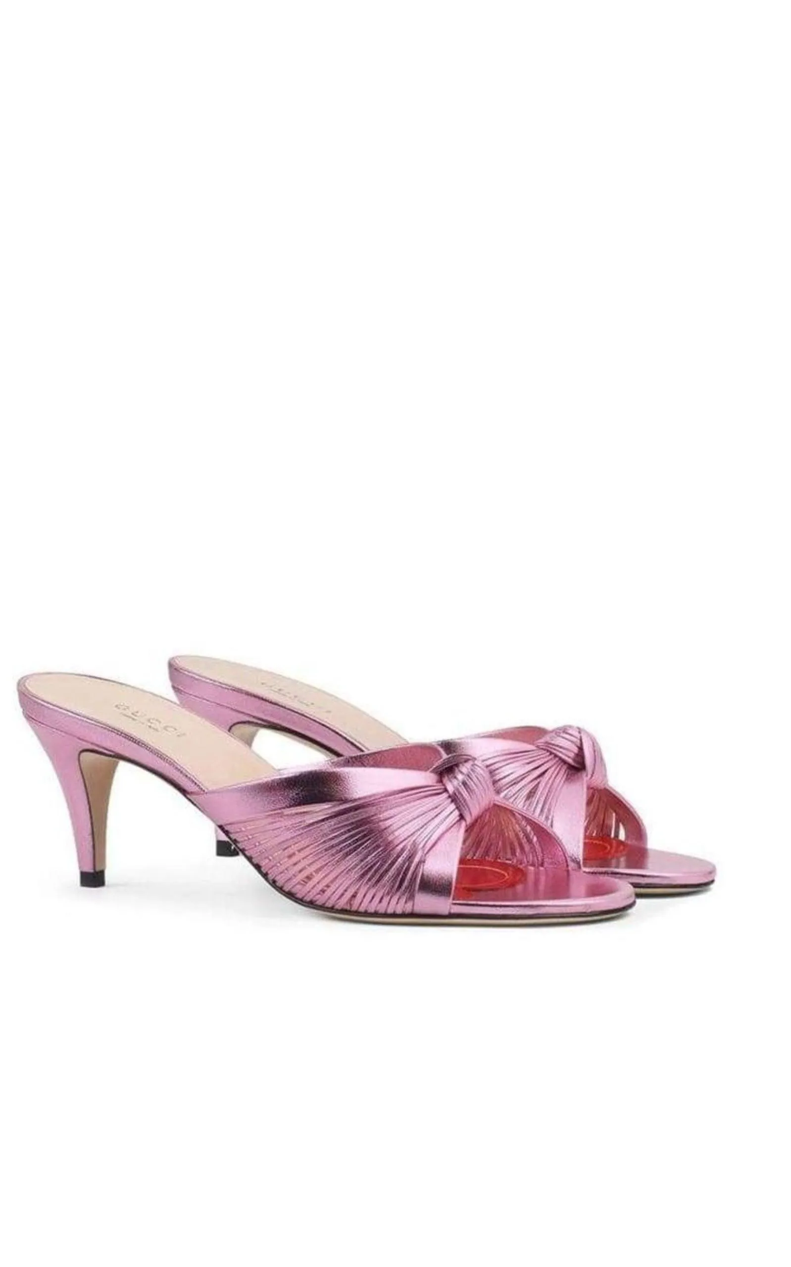 Knotted Metallic Leather Mid-Heel Bow Mule
