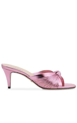 Knotted Metallic Leather Mid-Heel Bow Mule