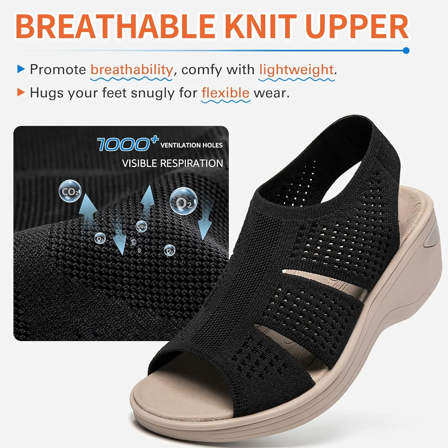 KOIMED Women's Comfortable Platform Walking Sandals With Memory Foam Open Toe Lightweight Breathable Soft Mesh Washable For Summer Travel Casual Beach Outdoor Sport