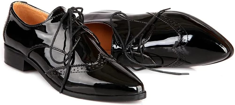 KOKOMOMO Womens Wingtip Patent Leather Pointed Low Heel Oxford Flats Vintage Brogue Shoes