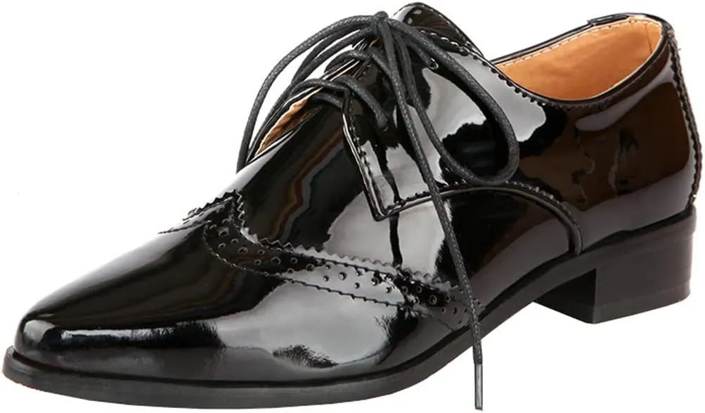 KOKOMOMO Womens Wingtip Patent Leather Pointed Low Heel Oxford Flats Vintage Brogue Shoes