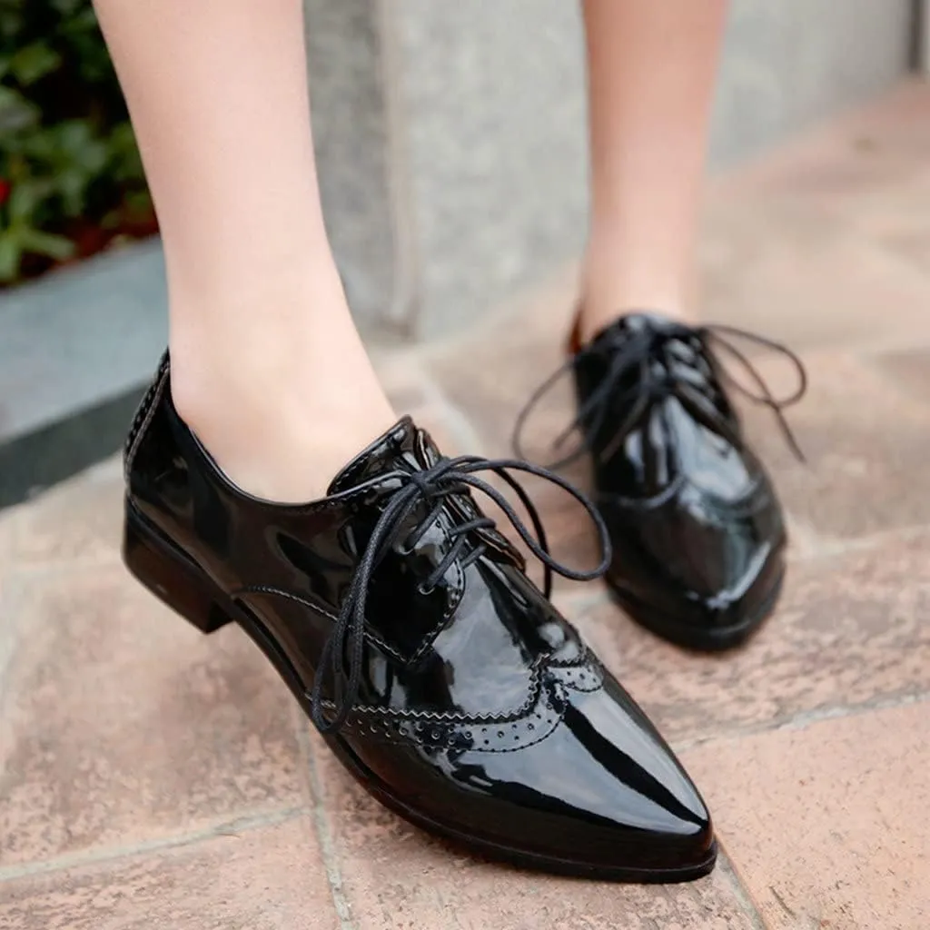 KOKOMOMO Womens Wingtip Patent Leather Pointed Low Heel Oxford Flats Vintage Brogue Shoes
