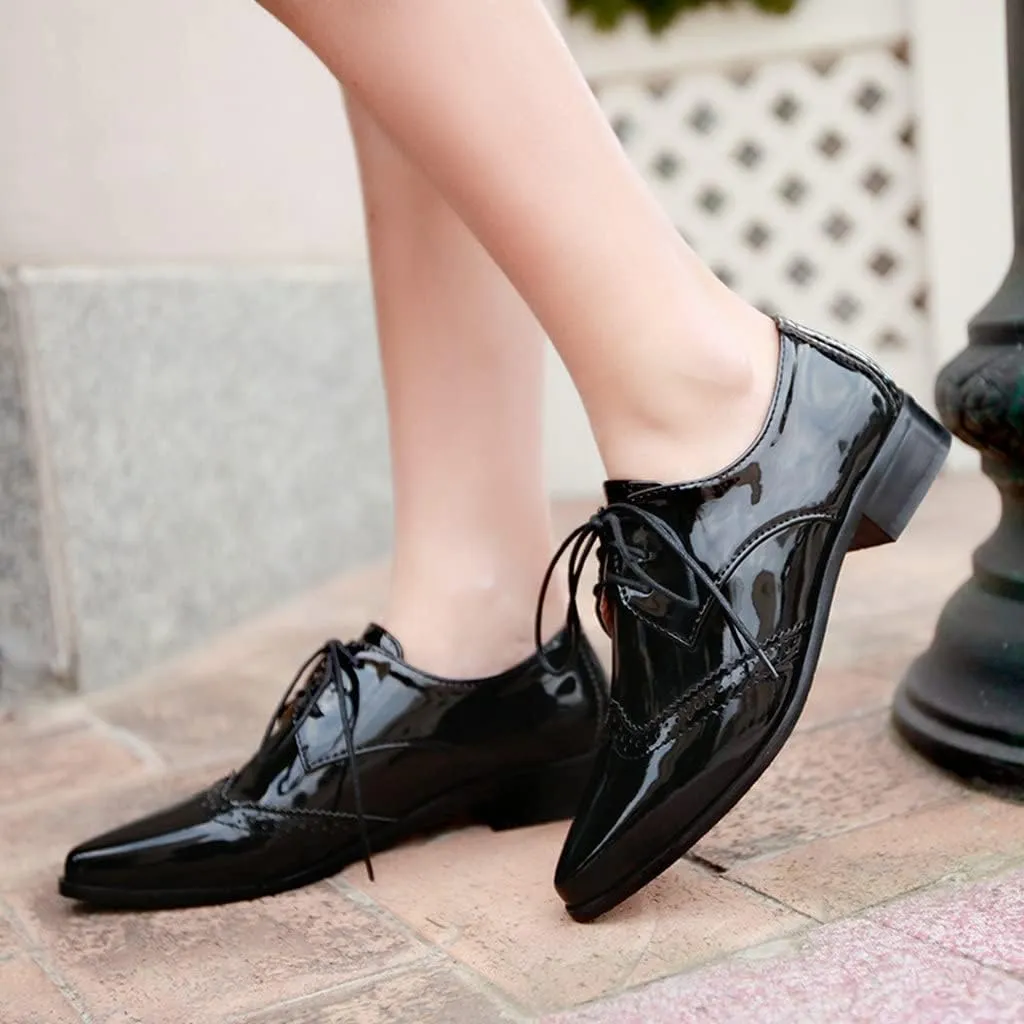 KOKOMOMO Womens Wingtip Patent Leather Pointed Low Heel Oxford Flats Vintage Brogue Shoes