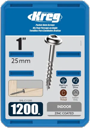 Kreg SML-C1-1200 Zinc Pocket Screws, 1-Inch, #8 Coarse Thread, Maxi-Loc Head (1200 Count)