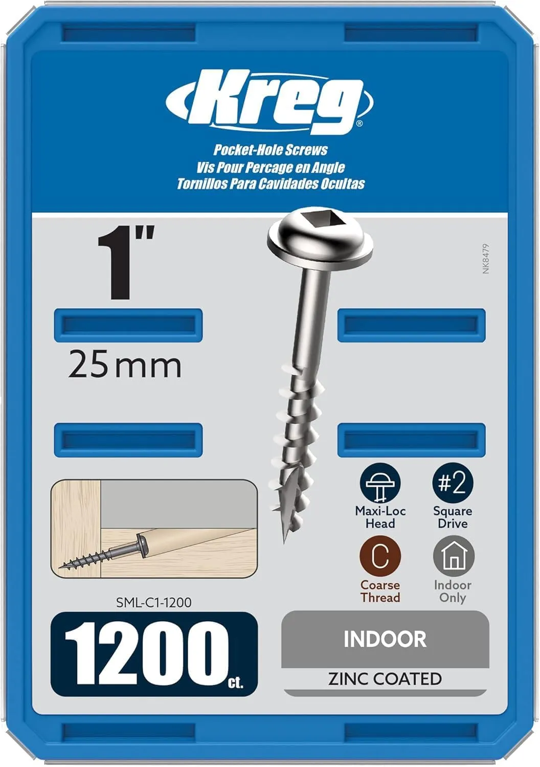 Kreg SML-C1-1200 Zinc Pocket Screws, 1-Inch, #8 Coarse Thread, Maxi-Loc Head (1200 Count)