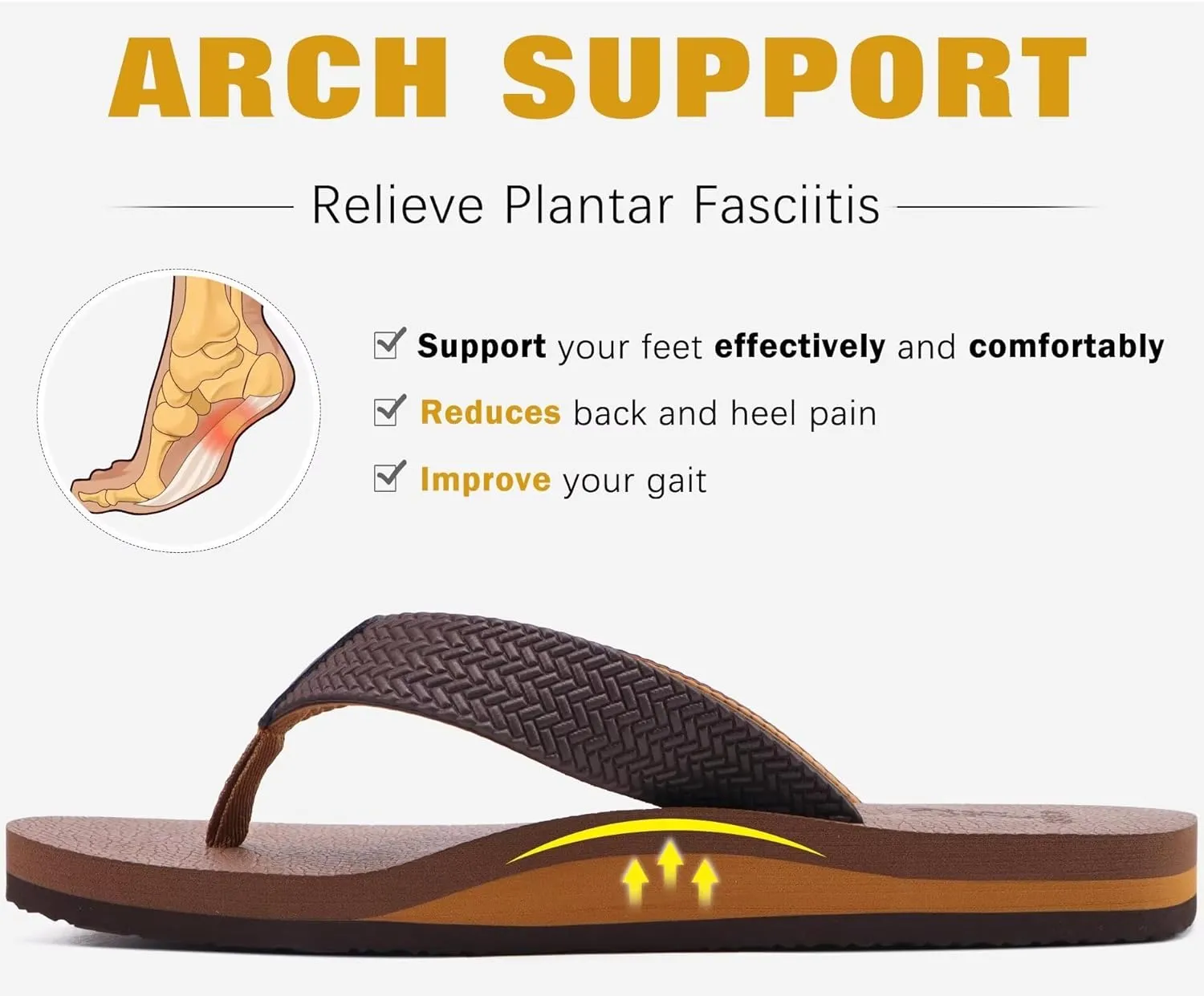 KuaiLu Men's Leather Flip Flops Arch Support Summer Beach Pool Water Thong Sandals Waterproof Rubber Walking Shoes