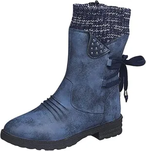 Ladmiple Ankle Boots Women Comfort Mid-calf Combat Military Winter Boot Side Zipper Low Heel Motorcycle Riding Biker Western Booties