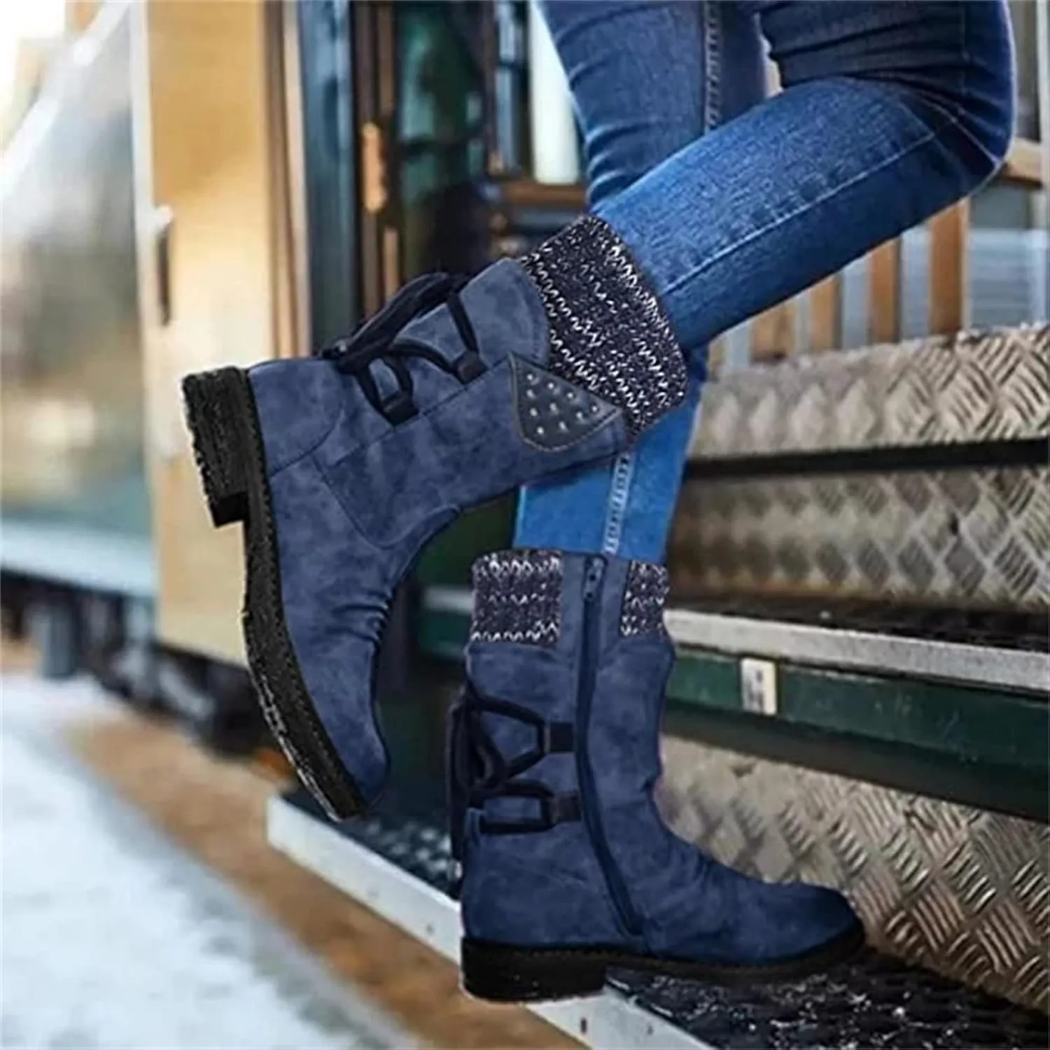 Ladmiple Ankle Boots Women Comfort Mid-calf Combat Military Winter Boot Side Zipper Low Heel Motorcycle Riding Biker Western Booties