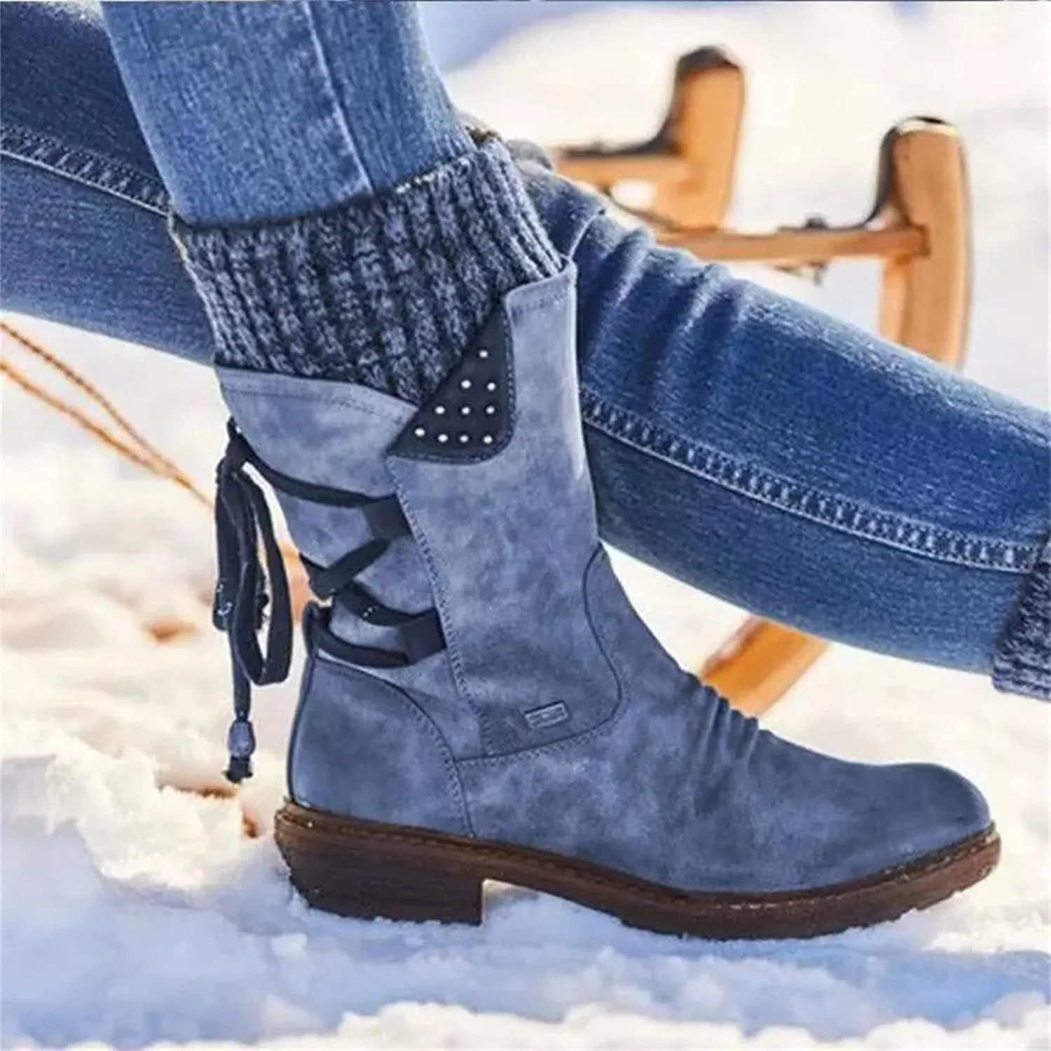 Ladmiple Ankle Boots Women Comfort Mid-calf Combat Military Winter Boot Side Zipper Low Heel Motorcycle Riding Biker Western Booties