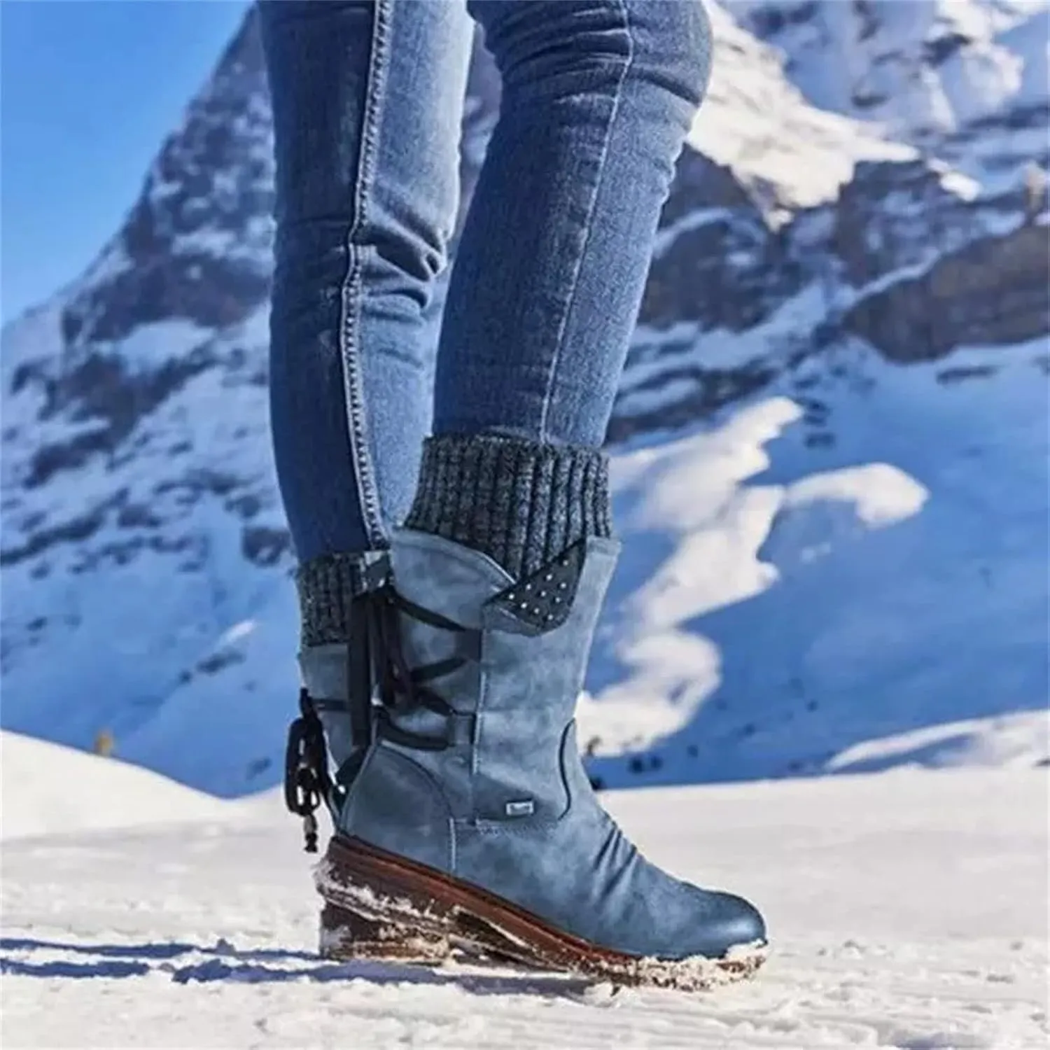 Ladmiple Ankle Boots Women Comfort Mid-calf Combat Military Winter Boot Side Zipper Low Heel Motorcycle Riding Biker Western Booties