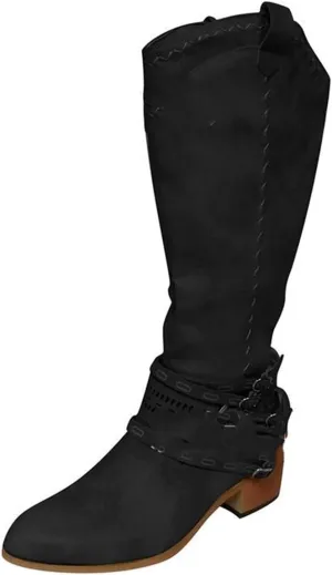 Ladmiple Cowgirl Boots Wide Calf Wide Foot Cowboy Knee High Boots Mid Heel Retro Fashion Tall Boot Pull On for Ladies
