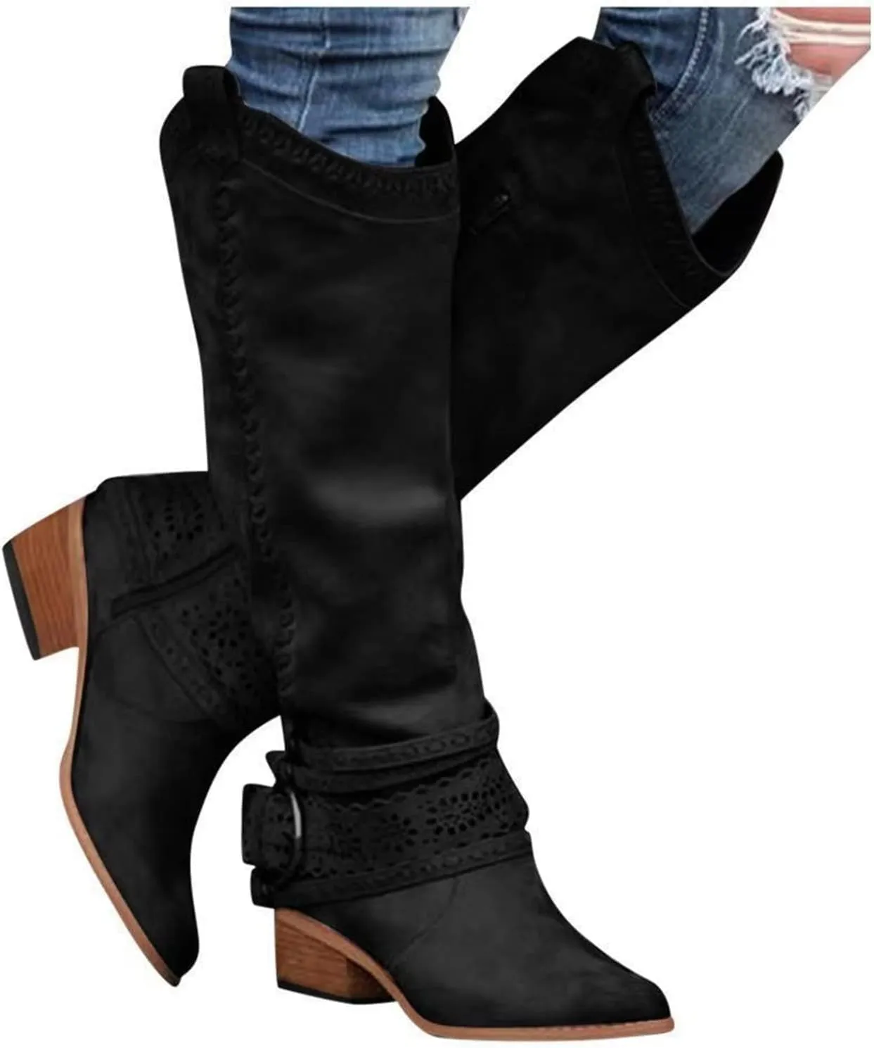 Ladmiple Cowgirl Boots Wide Calf Wide Foot Cowboy Knee High Boots Mid Heel Retro Fashion Tall Boot Pull On for Ladies